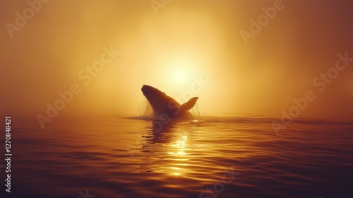 Humpback whale breaches the ocean at sunset creating a stunning spray of wate...