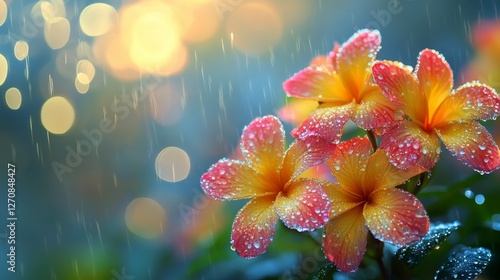 Beautiful tropical flowers gleaming with water droplets during a gentle rain ...