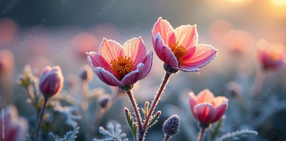 Frosty mornings reveal delicate flower details, frosty plants, botanicals Frosty mornings reveal delicate flower details, frosty plants, botanicals