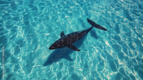Large whale swimming gracefully in clear blue ocean waters