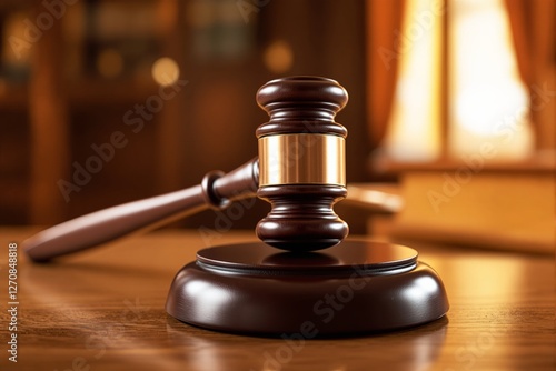 Wallpaper Mural Wooden gavel with brass band on a polished base in a warmly lit courtroom environment. Law and justice concept. Torontodigital.ca