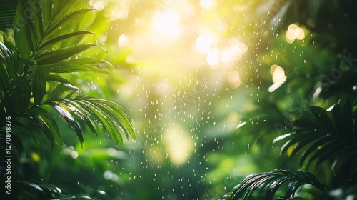 Rainfall on lush green leaves in a tranquil forest setting