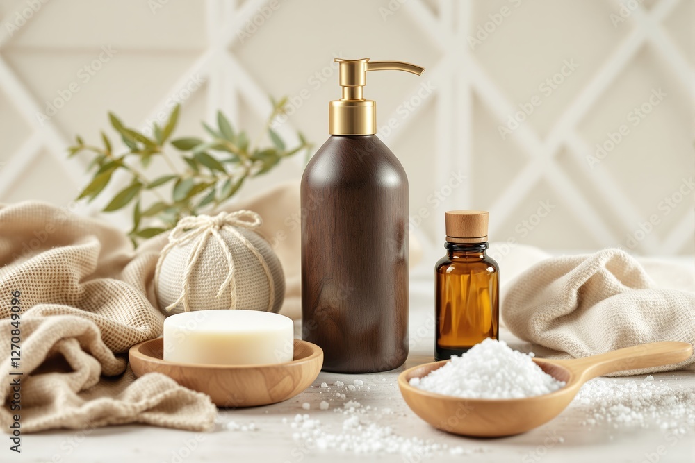 Spa essentials with wooden and glass containers, soap, and bath salts on a light beige background. Spa essentials with wooden and glass containers, soap, and bath salts on a light beige background.