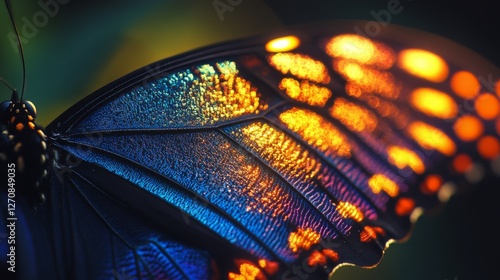 Vibrant close-up of butterfly wing showcasing intricate patterns and colors i...