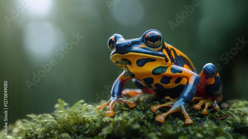 Brightly colored frog perched on moss in a vibrant rainforest setting during ...
