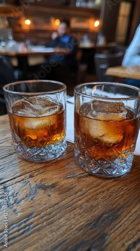 Enjoying whiskey on a wooden table amidst a serene evening park setting
