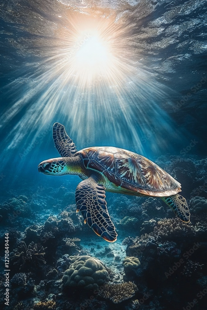 Fototapeta premium Diver swimming alongside a giant sea turtle near a coral reef, with sunlight streaming through the clear blue water