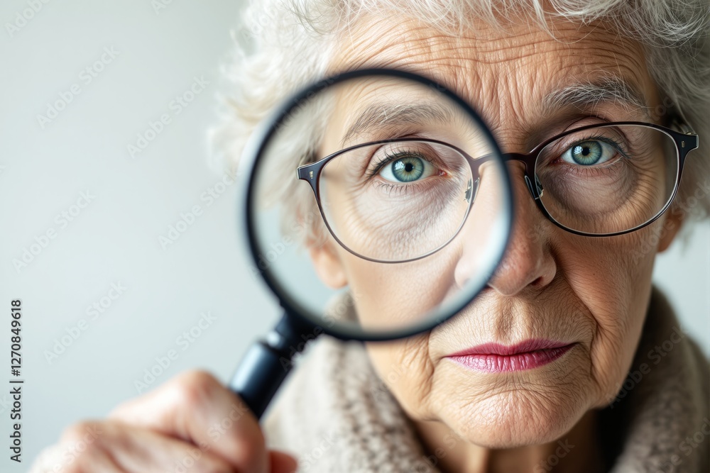 Elderly woman magnifying her eye with a magnifying glass. Elderly woman magnifying her eye with a magnifying glass.