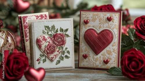 Beautiful arrangement of red roses and heart-themed decorations for romantic ...