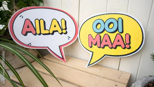 Two speech bubble props are displayed, each featuring a different exclamatory phrase.