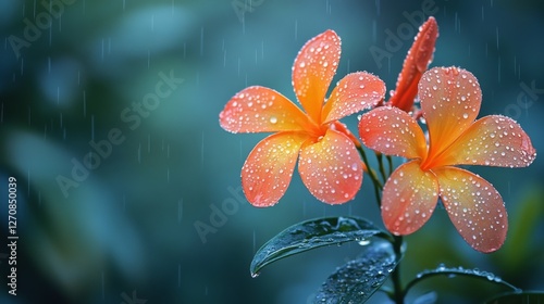 Beautiful tropical flowers gleaming with water droplets during a gentle rain ...
