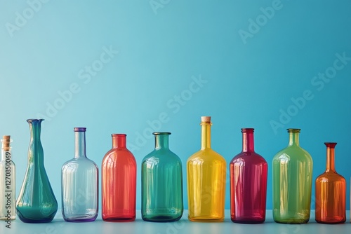 Colorful glass bottles arranged in a line on a blue background showcasing art...
