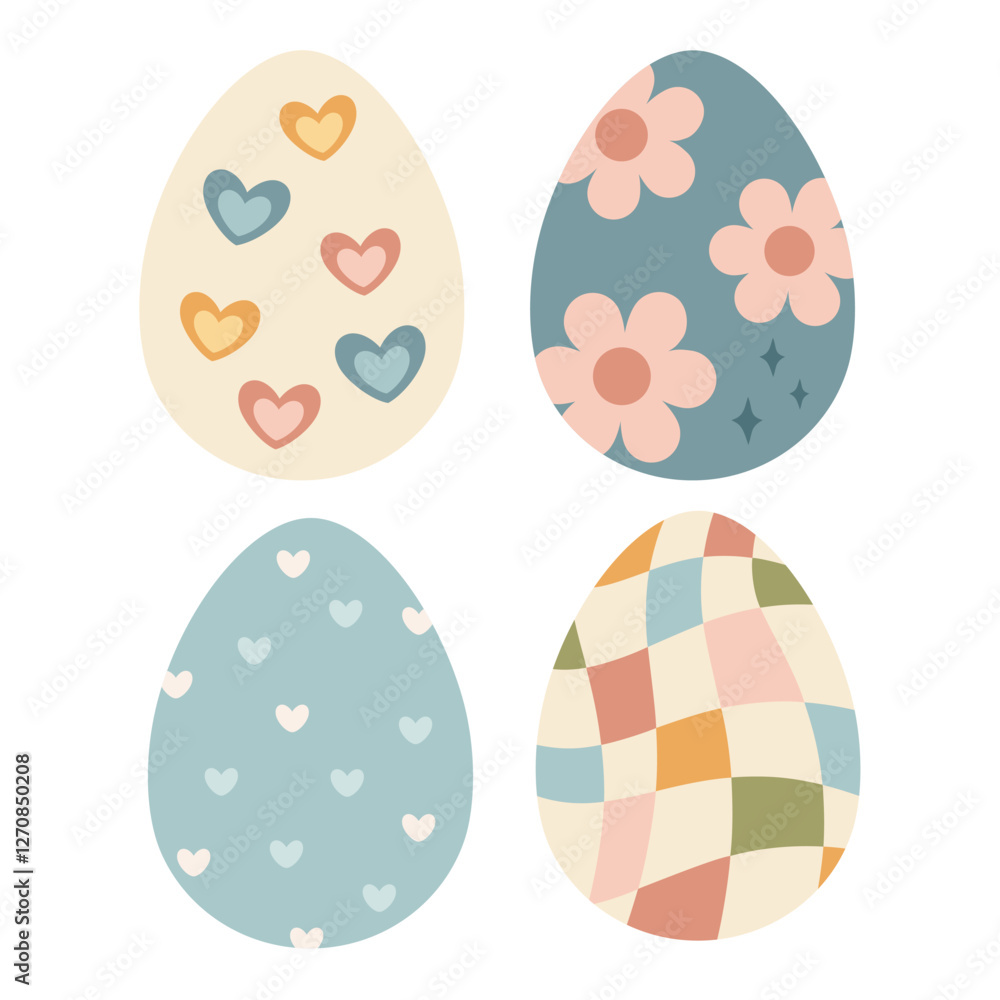 Retro Groovy Easter eggs clipart set. Happy Easter clipart in cartoon flat style. Hand draw vector illustration Retro Groovy Easter eggs clipart set. Happy Easter clipart in cartoon flat style. Hand draw vector illustration