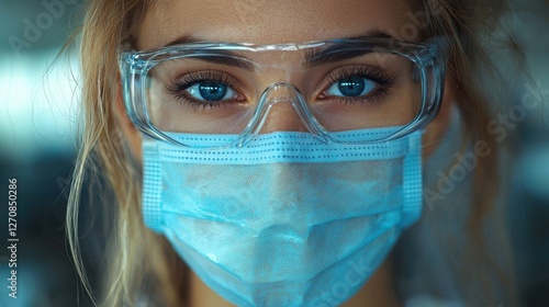 A close-up photo of a young woman of European descent wearing blue goggles and a mask. Her striking blue eyes are the focal point of the image, conveying strength. photo