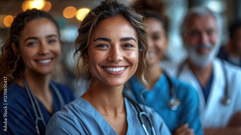 A group of diverse healthcare professionals, including an Arab woman in scrubs, smiling confidently. Background features a modern healthcare setting. A group of diverse healthcare professionals, including an Arab woman in scrubs, smiling confidently. Background features a modern healthcare setting.