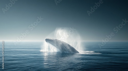 Majestic whale breaching the calm ocean surface at dawn creates a stunning wa...