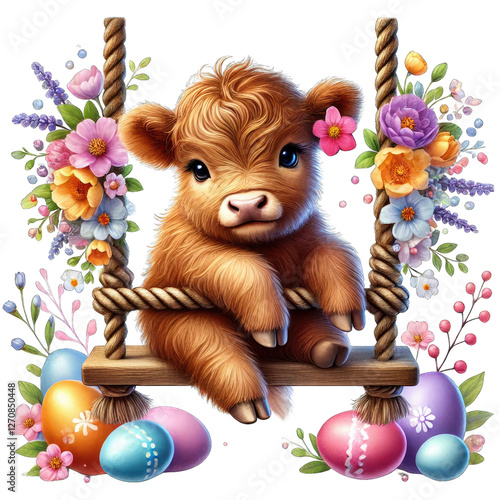 Cute calf swinging among colorful flowers and Easter eggs, white isolate background.