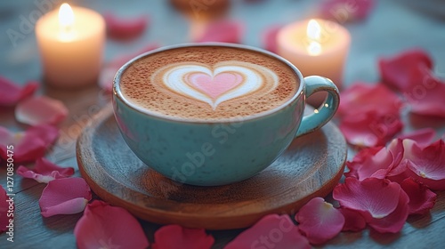 Warm coffee cup surrounded by pink rose petals and candles on a textured surface
