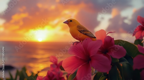 Bright yellow bird with a black face perched on vibrant orange flowers in sun...