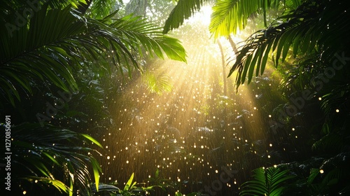 Rain falls gently in a serene forest setting with sunlight breaking through t...