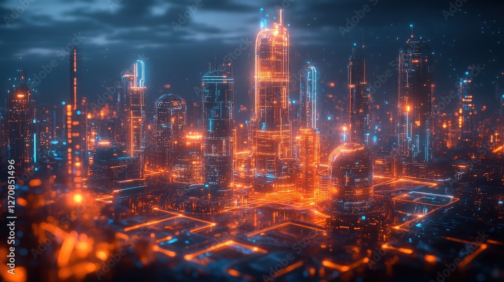 Obraz premium Futuristic Cityscape with Neon Lights and Digital Aesthetics
