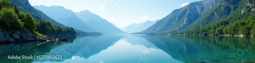 Crystal clear lake reflections on serene mountain waters, reflection, calm