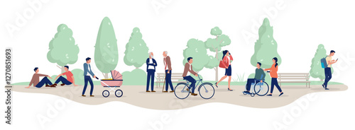Happy people outdoors in park - Group of vector characters in nature or public park, walking and doing leisure activities enjoying life outside. Flat design style illustration