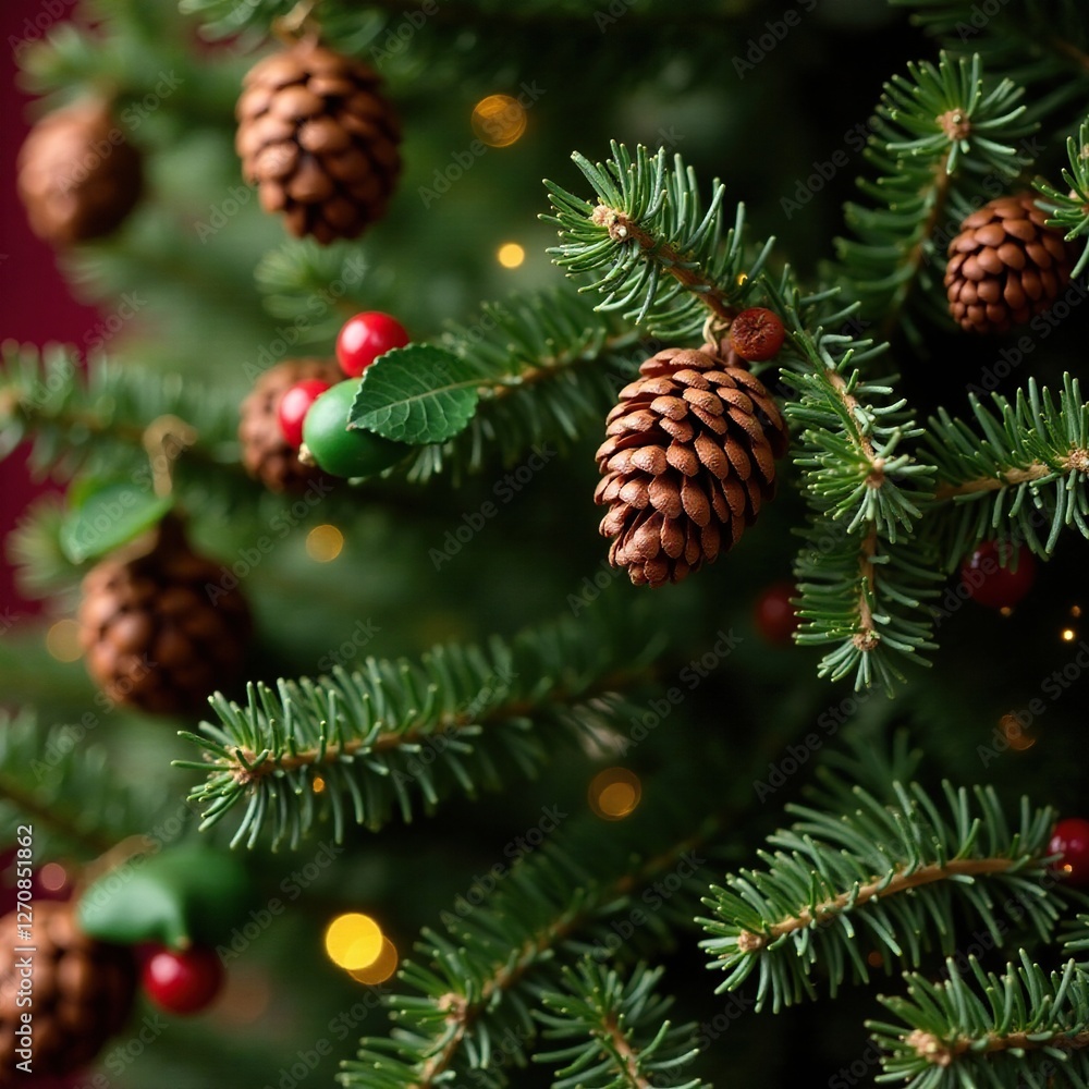 Fototapeta premium Pinecones and holly berries on a decorated Christmas tree, pinecones, tree, berries