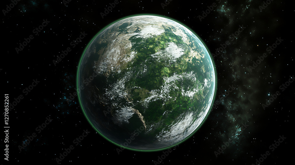 Fototapeta premium Verdant Exoplanet in the Vast Cosmos Green Atmosphere and Cloud Cover Against Dark Starry Backdrop