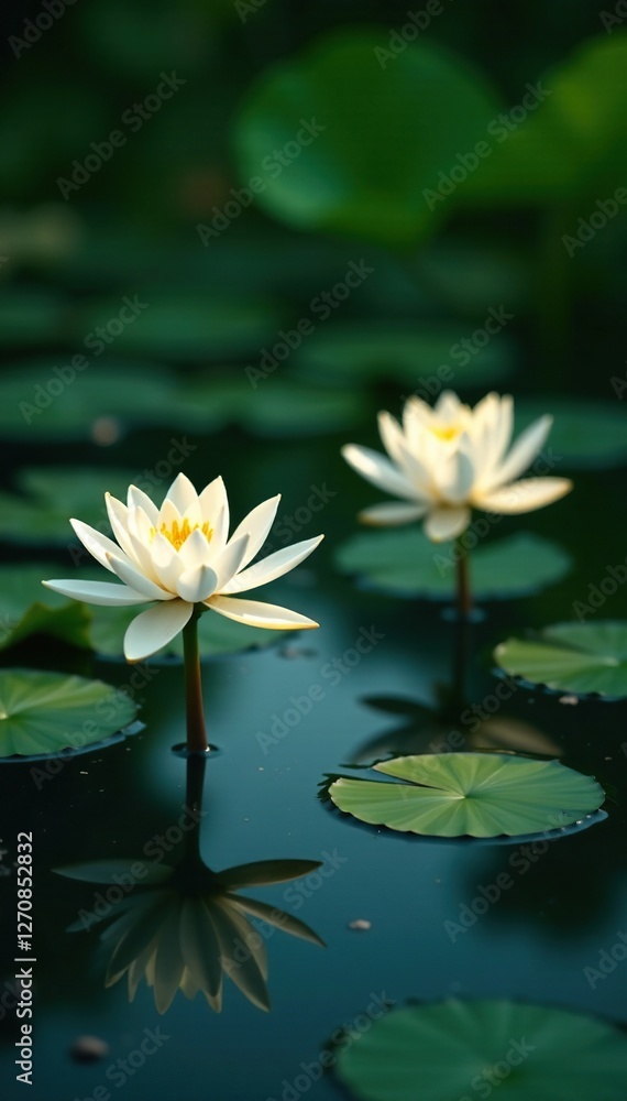 Water lilies and white lotus flowers in a serene pond, pond, aquatic plants, reflection Water lilies and white lotus flowers in a serene pond, pond, aquatic plants, reflection