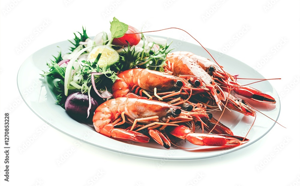 Boiled king prawns with salad on white background Boiled king prawns with salad on white background