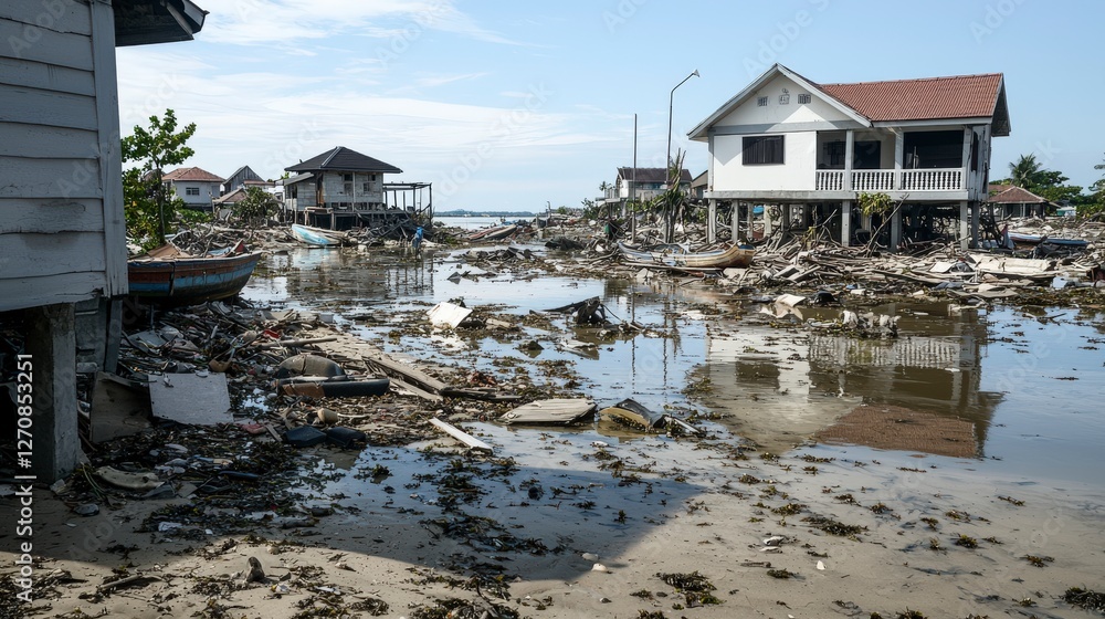 Tsunami aftermath aerial views of a coastal town's struggle and resilience in rebuilding its beachside village Tsunami aftermath aerial views of a coastal town's struggle and resilience in rebuilding its beachside village