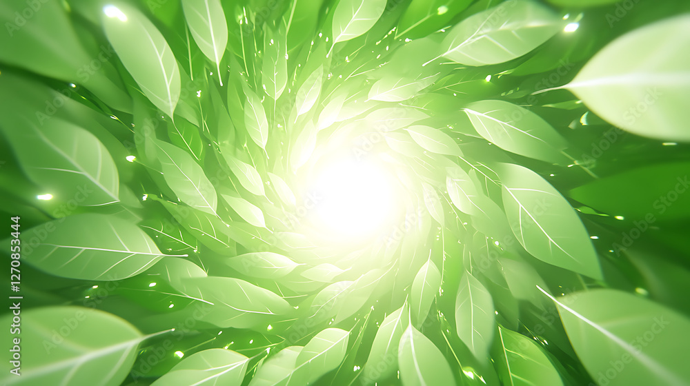 Fototapeta premium Verdant Vortex of Leaves Leading to a Radiant Center Guiding Towards Nature's Luminosity