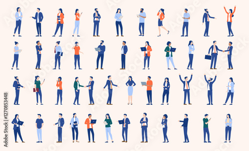 Business office and working people collection - Set or bundle of businesspeople characters in various standing poses doing work, talking and using computes. Flat design style vector illustration