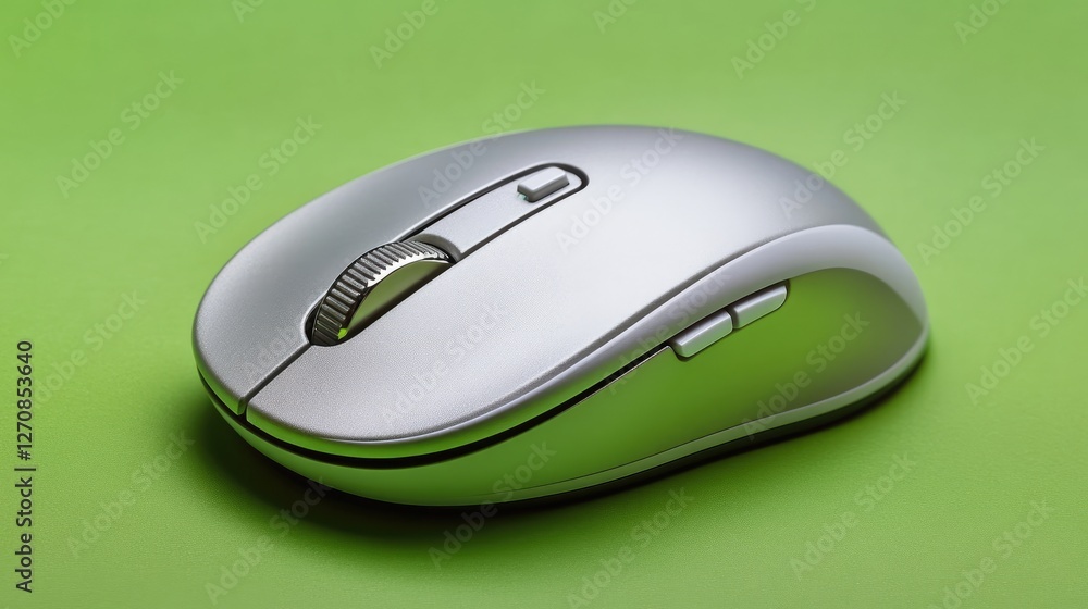 Compact wireless mouse with a silent click feature, displayed on a bright green backdrop, representing noiseless efficiency Compact wireless mouse with a silent click feature, displayed on a bright green backdrop, representing noiseless efficiency