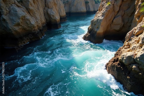 Roca cubierta de musgo y l?quenes bajo el impacto del agua cayendo, agua, movimiento photo