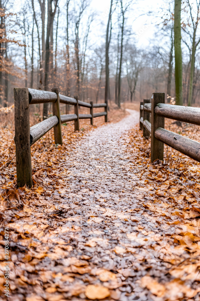 Autumn footpath walk with fence through brown leaves in the woods for recreation Autumn footpath walk with fence through brown leaves in the woods for recreation