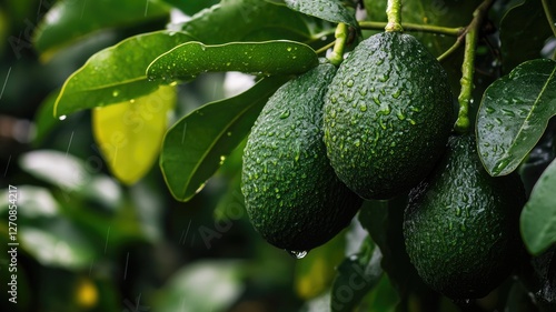 Fresh avocados hanging on tree branch in rain