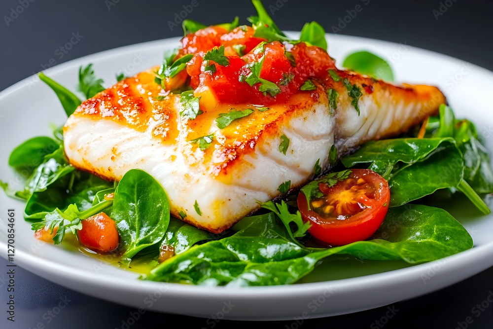Baked fish fillet topped with tomato relish, served on salad on a dark table Baked fish fillet topped with tomato relish, served on salad on a dark table