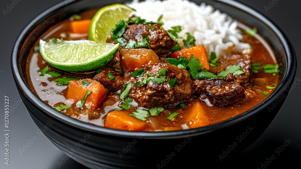Beef stew bowl with rice, carrot, and lime on a table. Home cooked meal Beef stew bowl with rice, carrot, and lime on a table. Home cooked meal
