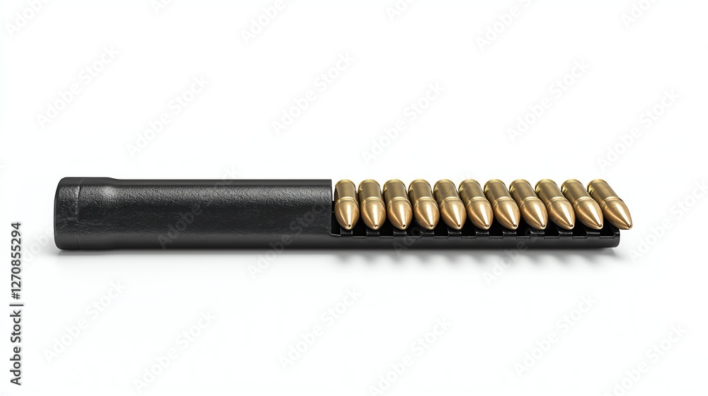 Bullet cartridges arranged neatly in a magazine, isolated on a white background, showcasing their metallic sheen and precise engineering. Bullet cartridges arranged neatly in a magazine, isolated on a white background, showcasing their metallic sheen and precise engineering.