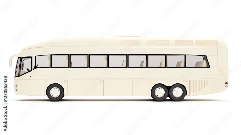 Side view of a modern white bus, featuring large windows and a sleek design, isolated on a white background. Side view of a modern white bus, featuring large windows and a sleek design, isolated on a white background.