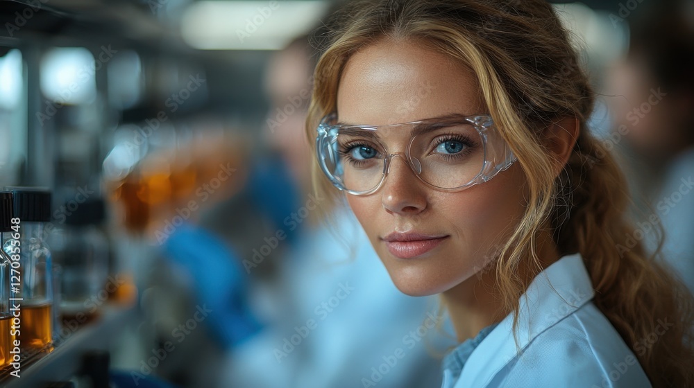 This image shows a young European female scientist with long blonde hair, wearing safety goggles and a lab coat, working in a laboratory environment. This image shows a young European female scientist with long blonde hair, wearing safety goggles and a lab coat, working in a laboratory environment.