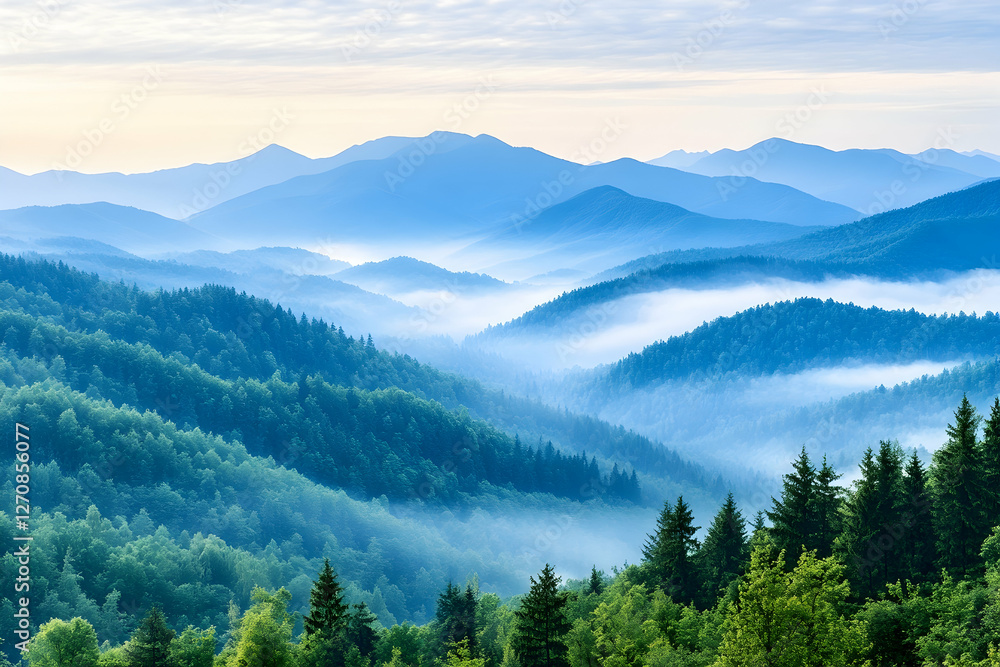 Blue ridge mountains with fog below, nature landscape for travel, tourism Blue ridge mountains with fog below, nature landscape for travel, tourism
