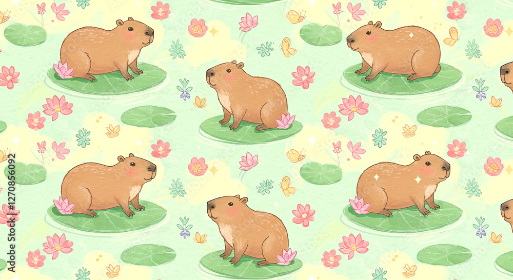 Fototapeta premium Capybara Floating on Lily Pads in Nature Wallpaper Background