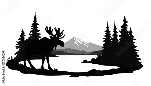 Moose silhouette standing near lake with mountains and pine trees