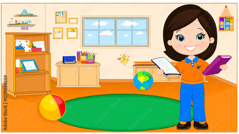 Engaging classroom learning with animated girl holding books school environment digital illustration bright atmosphere Engaging classroom learning with animated girl holding books school environment digital illustration bright atmosphere