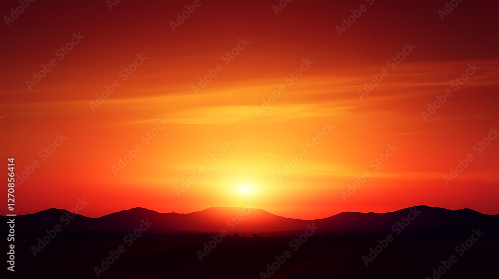 Obraz premium Vibrant Sunset Over Mountain Ridges Landscape Scenery and Glowing Skyline Radiance in Nature