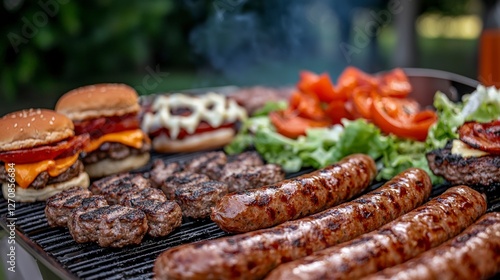 A traditional aussie bbq featuring sausages and burgers outdoor gathering food photography warm atmosphere close-up view