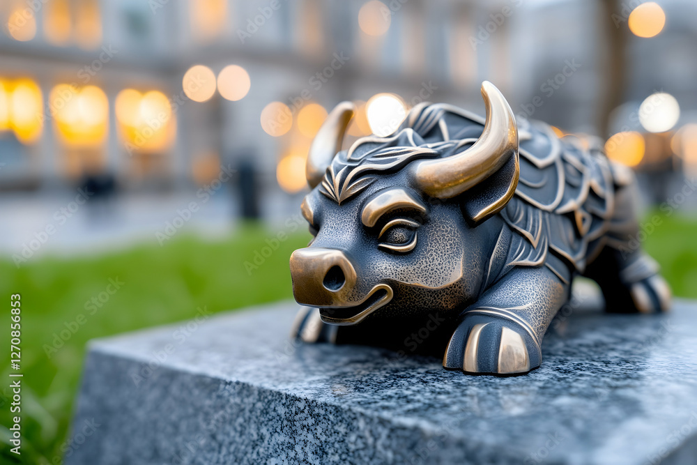Bull statue on granite in city square with blurred lights in background for finance Bull statue on granite in city square with blurred lights in background for finance